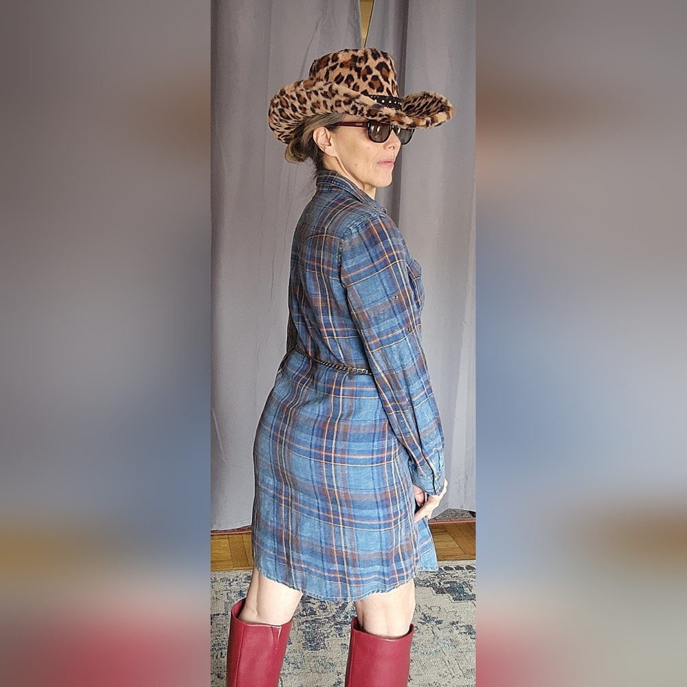 Casual Blue Plaid Shirt Dress